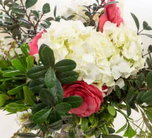 Pretty white, pink and green including Hydrangeas and Camellias