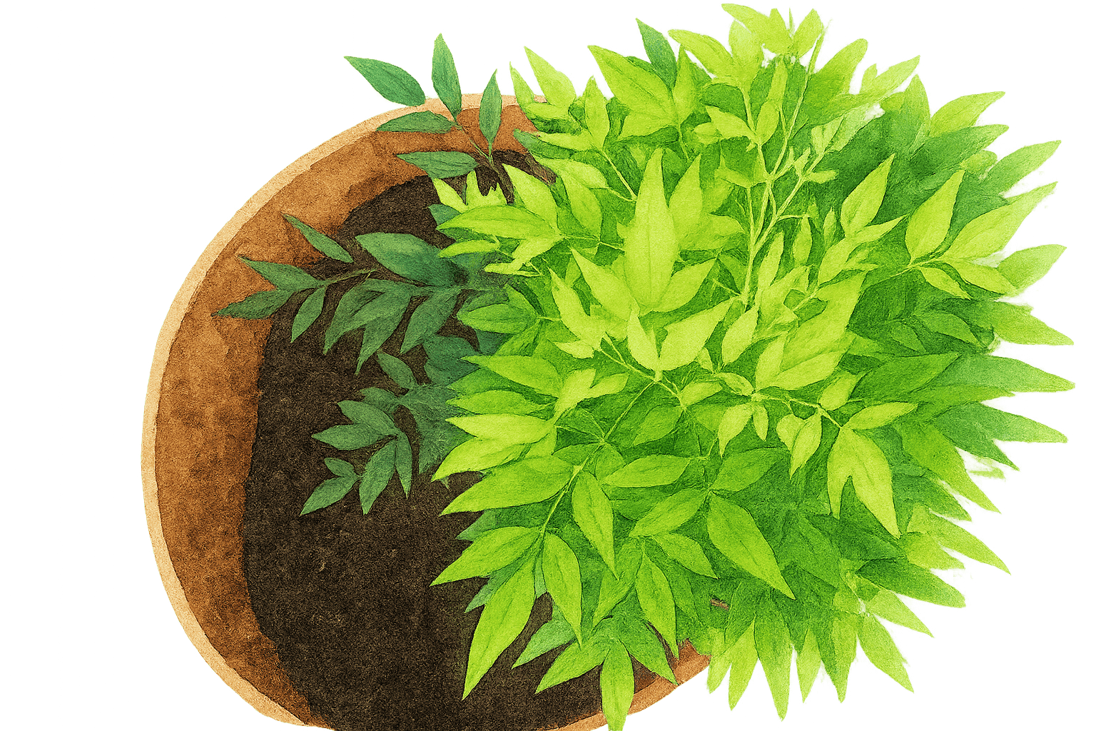 Watercolor-style top-down illustration of a round terracotta planter filled with dark soil and a vibrant green leafy plant on the right side. The plant’s bright green foliage contrasts with the shaded soil on the left, all set against a soft green gradient background.