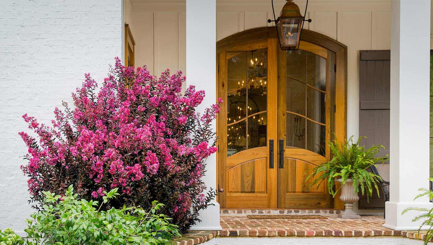 Dark wood door with hanging lantern, brick front walk and white wood columns framed by the pink blooming, dark chocolate foliage, of Delta Fusion Crapemyrtle