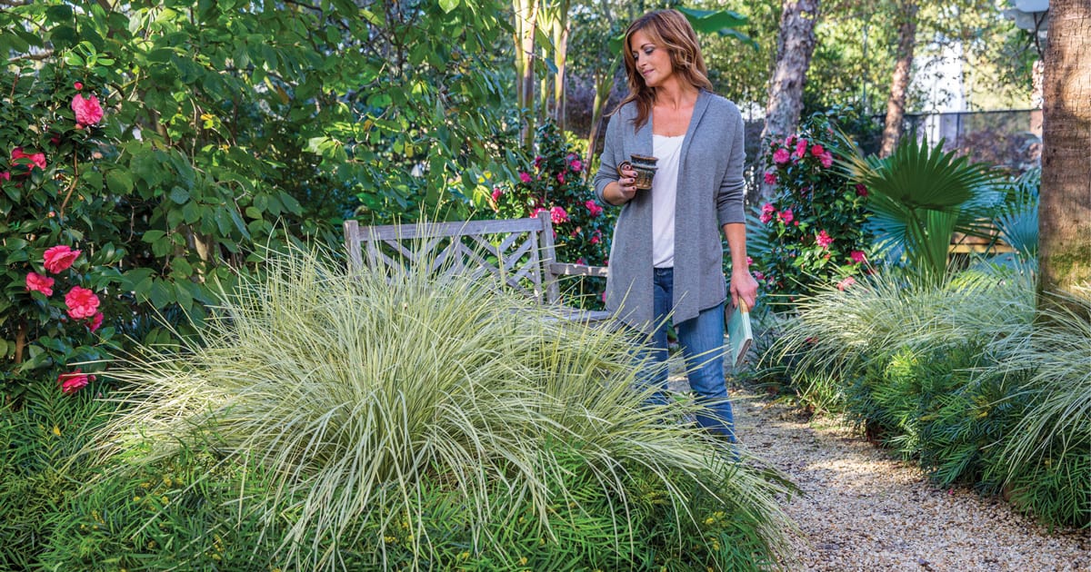 Woman holding book and coffee mug lovingly admiring her garden of Southern Living plants