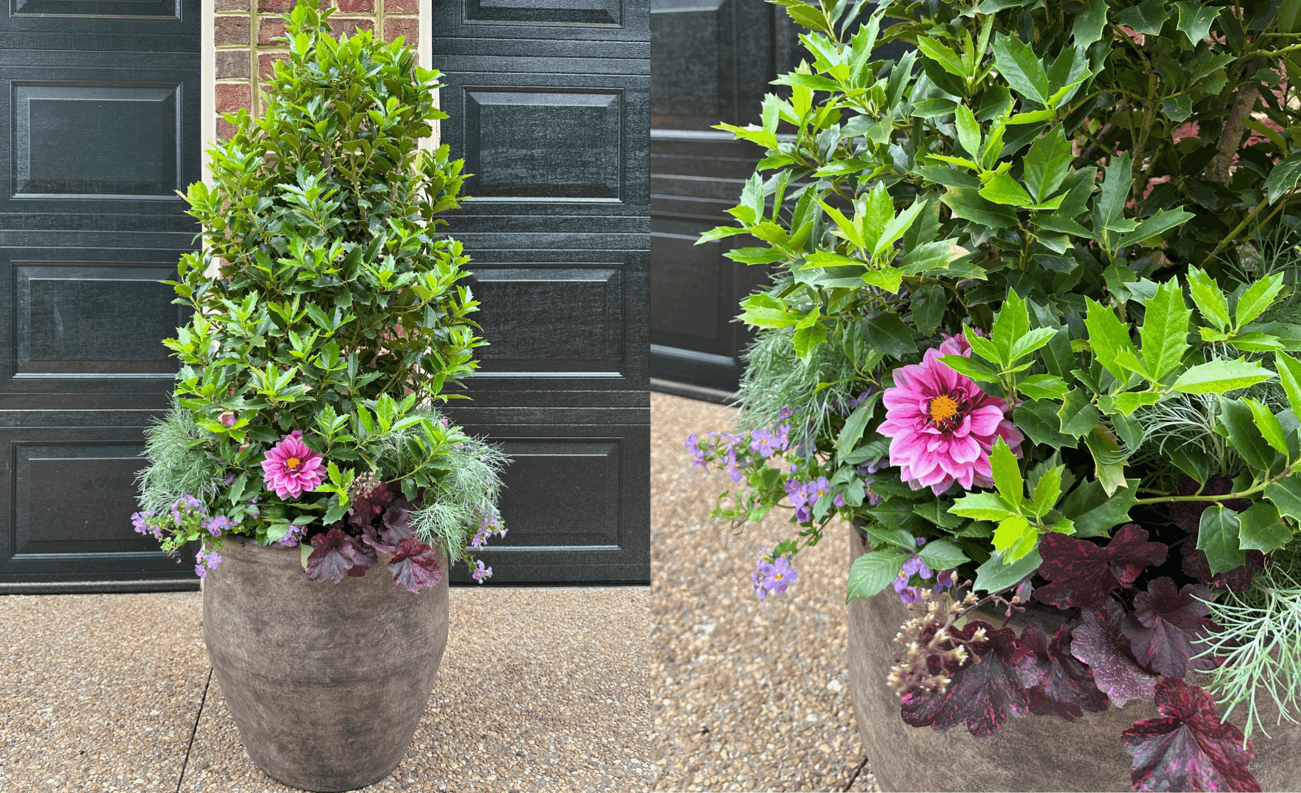 A tall, decorative container filled with layered greenery and vibrant seasonal blooms in shades of pink, purple, and burgundy. The arrangement features a mix of textures and foliage, set against a dark garage door on a stone driveway.