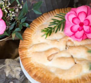 Pie decorated with Camellia blossom and yewtopia plum yew