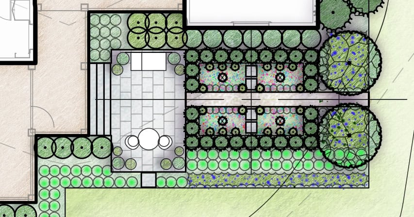 A landscape plan view of the formal Parterre Herb Garden at the 2025 Southern Living Idea House. The symmetrical layout features two rectangular garden beds with decorative herbs and edibles framed by neatly clipped evergreen borders. A central gravel pathway bisects the beds, leading to a wider stone patio with circular seating. Surrounding the garden are layers of shrubbery and flowering plants, including low clipped boxwoods, ornamental trees, and border plantings with purple and blue flowering perennials. This space is designed for beauty, function, and easy outdoor access.