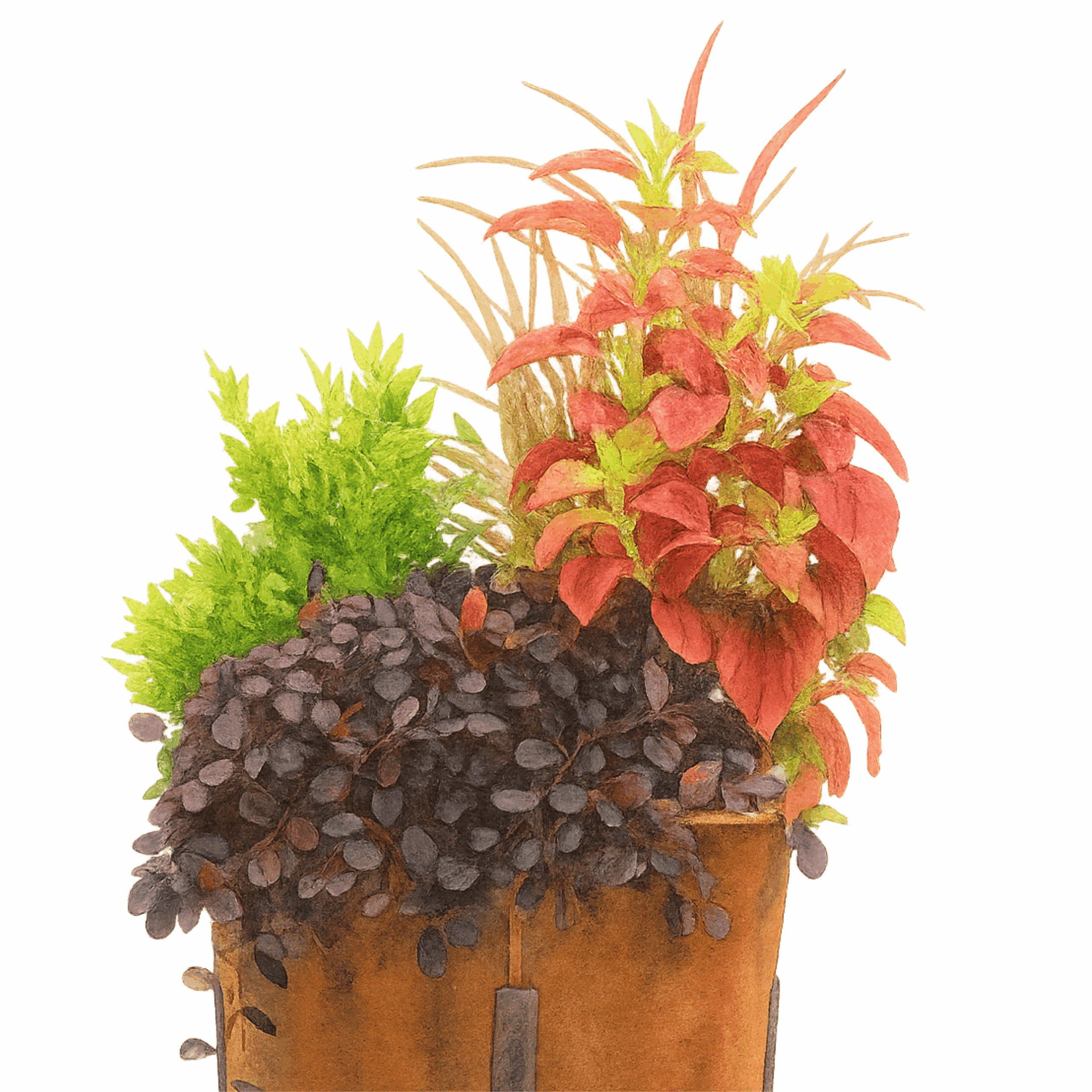 Watercolor-style illustration of a tall round planter filled with a vibrant fall plant arrangement. The container includes deep purple foliage spilling over the edge, bright chartreuse-green greenery, spiky ornamental grass, and upright red-orange coleus leaves. The white background highlights the rich colors and textures of the seasonal mix.