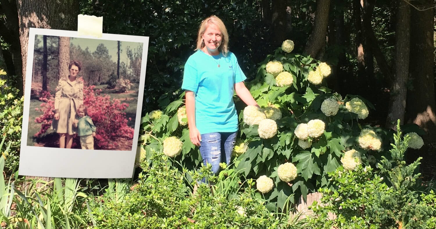 A photo featuring Tara Bivin, the inventor of the Tara® Oakleaf Hydrangea, standing beside a mature hydrangea shrub, layered with an inset vintage photograph of Tara as a child alongside her grandmother in their family garden.
