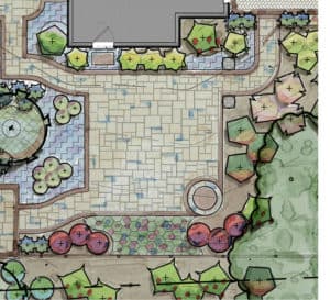 Landscape architect rendering of a garden plan of the courtyard garden at Southern Living Idea House